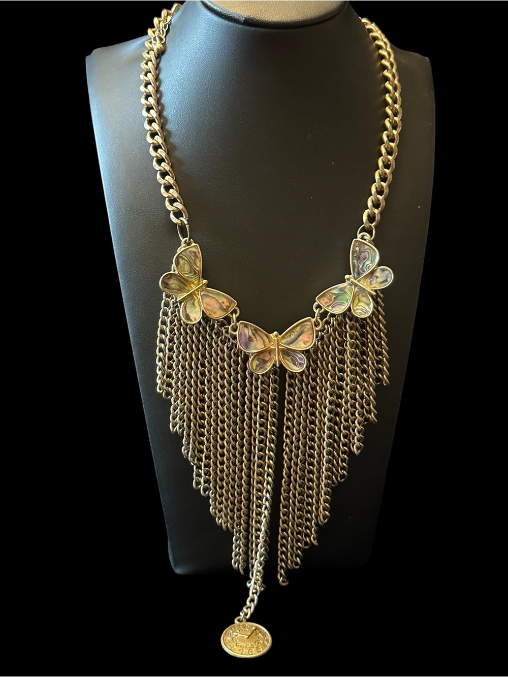 Brass Vintage Statement Necklace abalone butterfly accents/ 14” choker Style